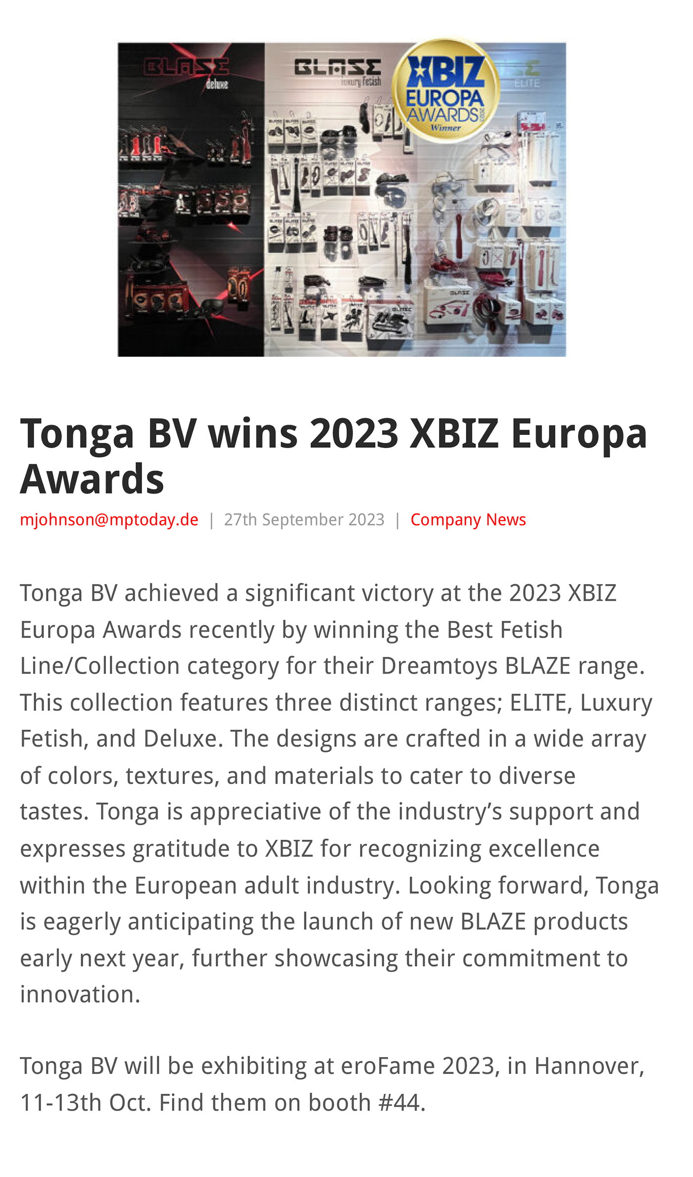 2023-09 EAN Online - Tonga BV wins 2023 XBIZ Europa Awards